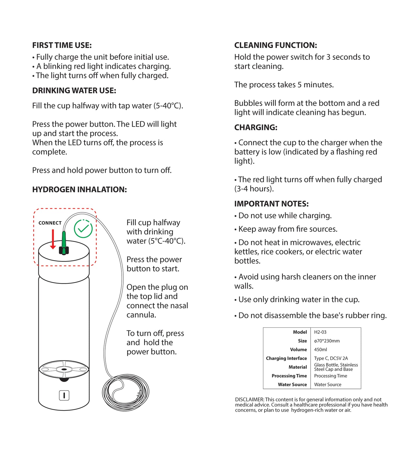 Hydrogen-Rich Water Bottle To-Go (Inhalation & Drinking)